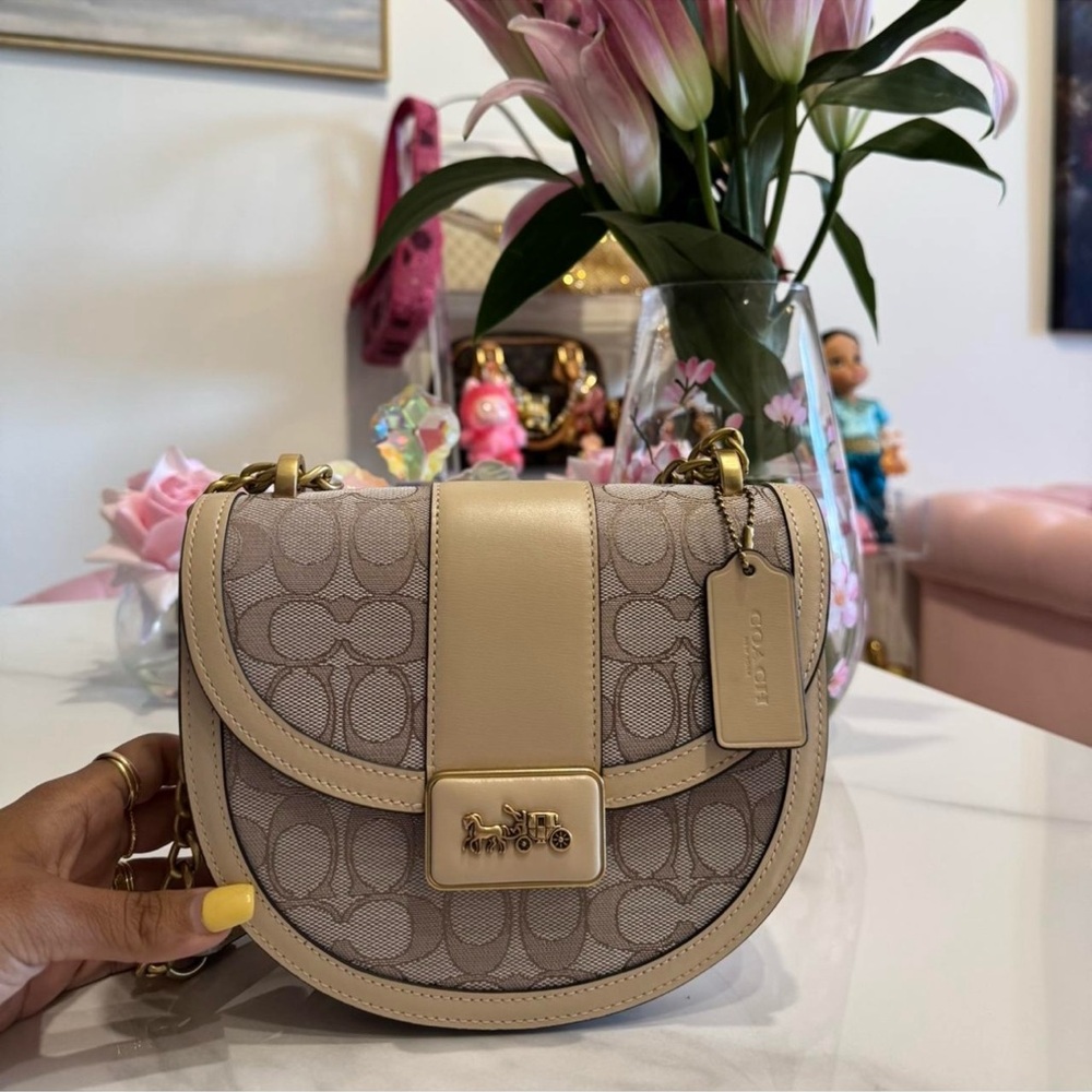 Coach Tan and Cream Crossbody Bag with Signature Monogram